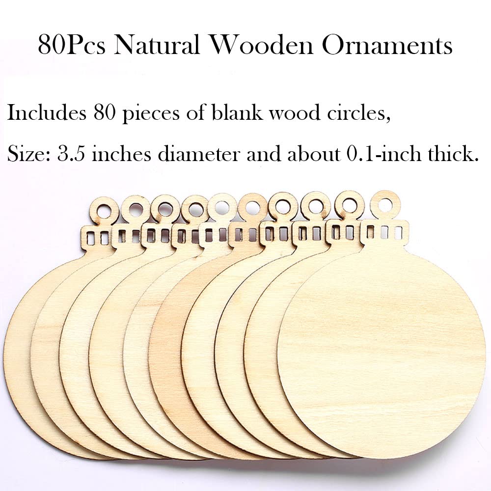 80pcs Natural Wood Slices, HOOMBOOM 3.5 Inch DIY Wooden Christmas Ornaments Unfinished Predrilled Wood Circles for Crafts Centerpieces Holiday Hanging Decorations