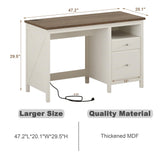 ChooChoo 47" Farmhouse Desk with Drawers, Wood Home Office Computer Desk with Charging Station, 2 Storage Drawers and Open Shelf, Writing Study Table Vanity Desk for Bedroom ChooChoo