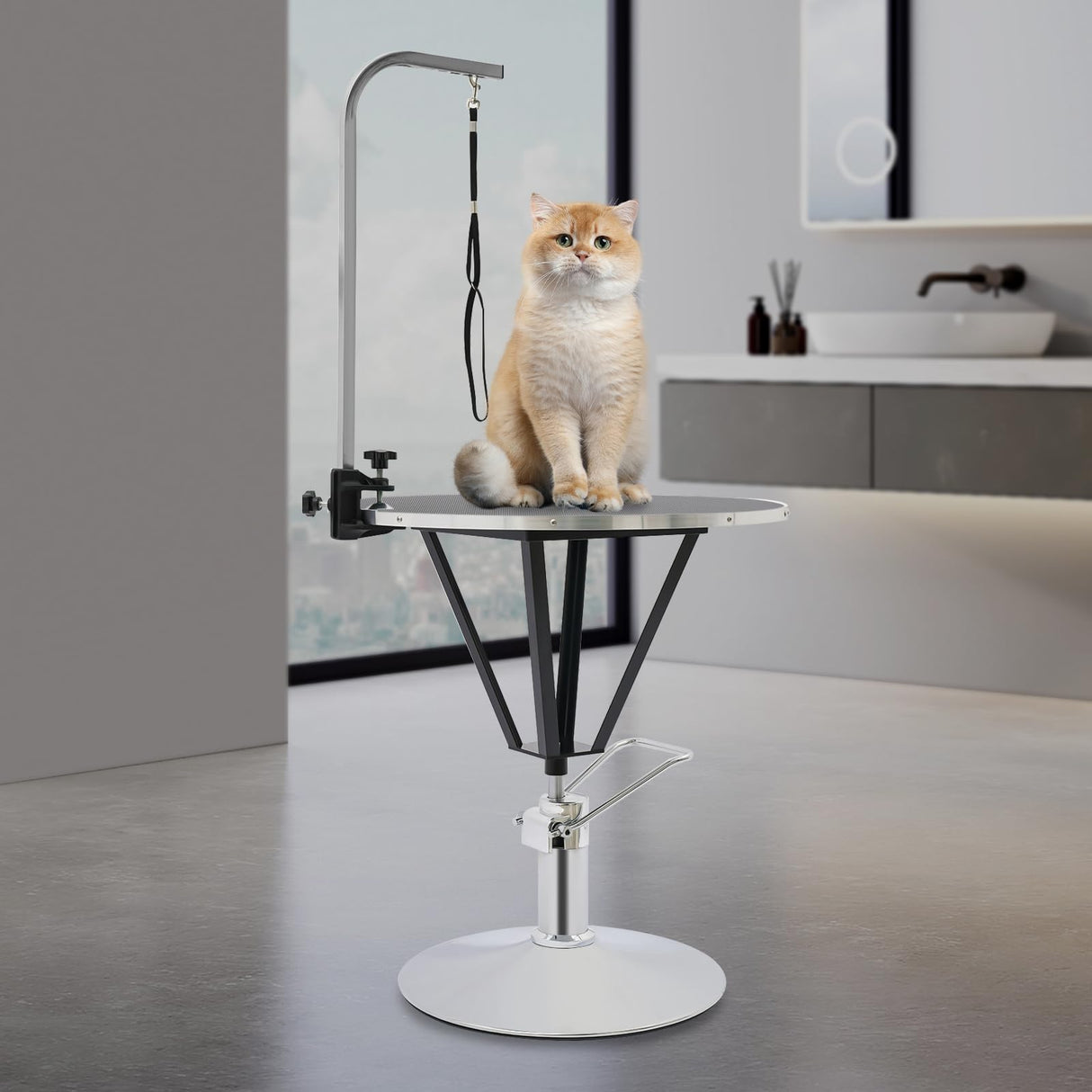 LUNUMAOS Hydraulic Pet Grooming Table with Adjustable Arms, 360 Degree Table Top Swivel Maximum Load 220 lbs Professional Pet Grooming Table, 34in Hydraulic (Black,Round) LUNUMAOS