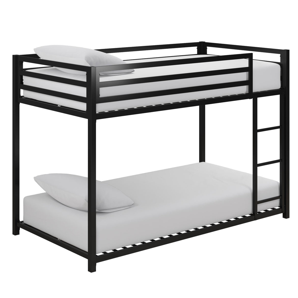DHP Miles Low Metal Bunk Bed Frame for Kids, With Built-in Ladder, High Guardrail and Metal Slats, Floor Bed Bottom Bunk, No Boxspring Required, For Small Spaces, Twin-Over-Twin, Black DHP