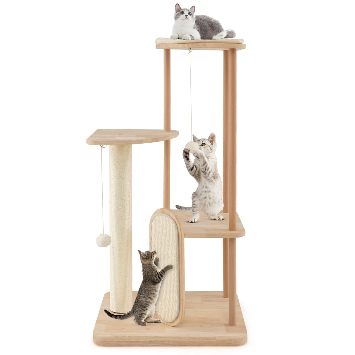 PETSITE 44 Inches Cat Tree, Multi-Level Modern Cat Tower with Sisal Scratching Post and Board, Padded Top Perch, and Hanging Balls, Minimal Wooden Cat Tree Tower for Indoor Cats Large Adult PETSITE