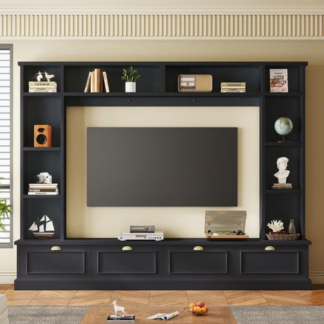 JIJIWANG Large Wall Unit Entertainment Center with Bookshelves for TVs Up to 78'', Modern TV Console with Cabinets and Open Shelves, 4-in-1 TV Stand with Golden Handles, Black, 104.2''W*81.2''H JIJIWANG