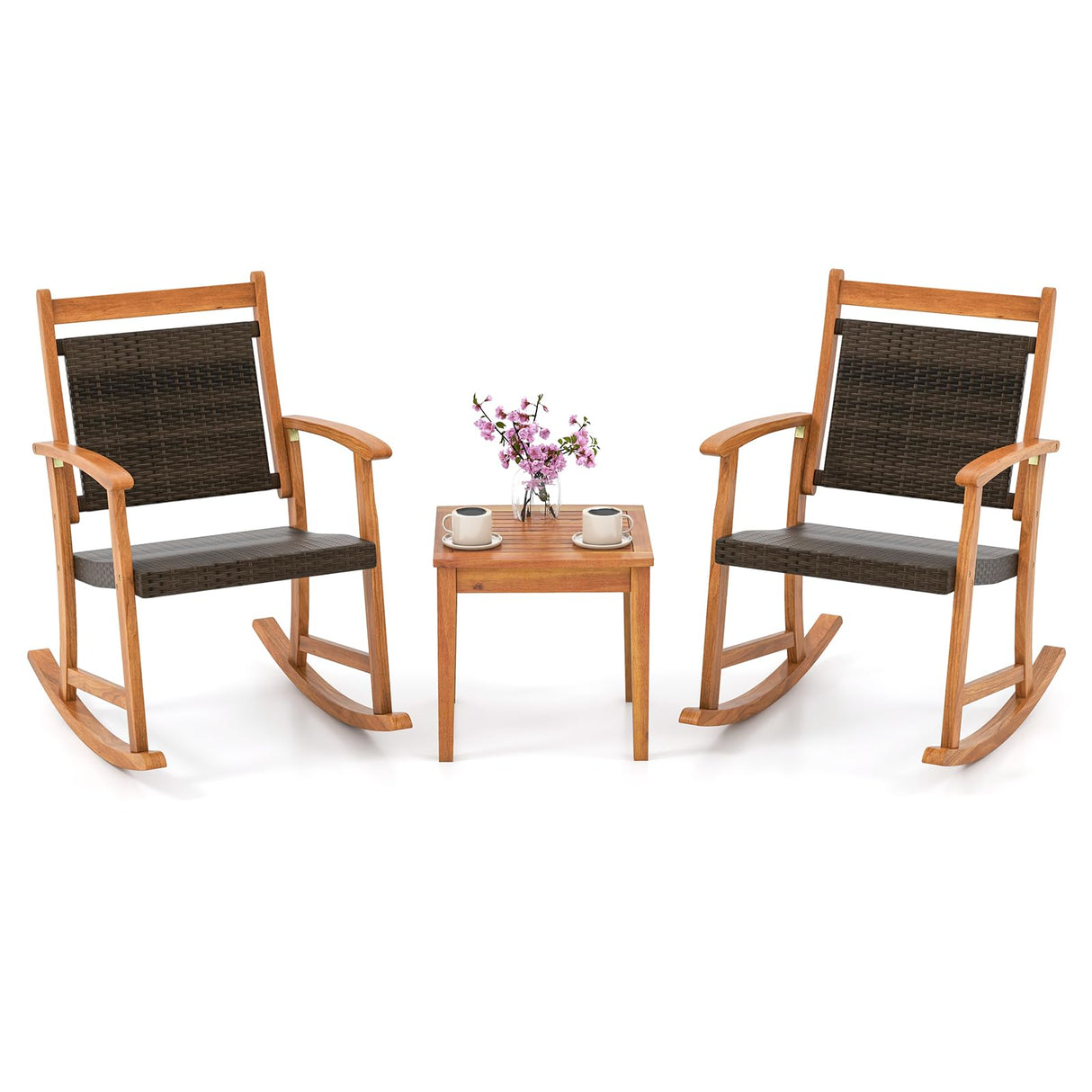 Tangkula 3 Pieces Patio Rocking Chair Set, Patiojoy Acacia Wood Rocker with Side Table, Outdoor Chairs with Wicker Rattan Seat & Backrest, Patio Bistro Set for Garden, Backyard, Poolside Tangkula