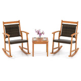 Tangkula 3 Pieces Patio Rocking Chair Set, Patiojoy Acacia Wood Rocker with Side Table, Outdoor Chairs with Wicker Rattan Seat & Backrest, Patio Bistro Set for Garden, Backyard, Poolside Tangkula