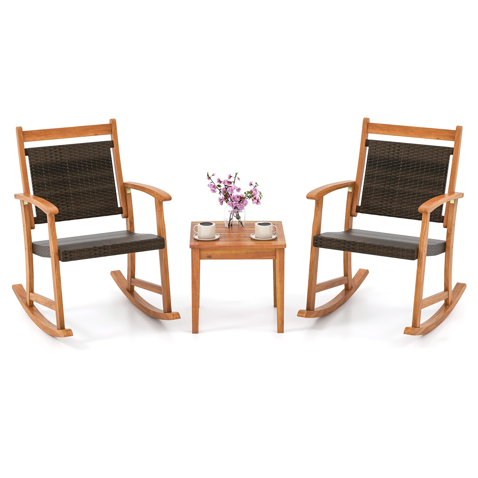 Tangkula 3 Pieces Patio Rocking Chair Set, Patiojoy Acacia Wood Rocker with Side Table, Outdoor Chairs with Wicker Rattan Seat & Backrest, Patio Bistro Set for Garden, Backyard, Poolside - WoodArtSupply