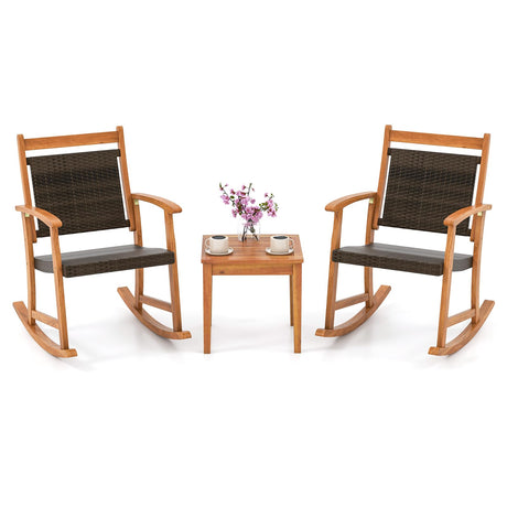 Tangkula 3 Pieces Patio Rocking Chair Set, Patiojoy Acacia Wood Rocker with Side Table, Outdoor Chairs with Wicker Rattan Seat & Backrest, Patio Bistro Set for Garden, Backyard, Poolside Tangkula