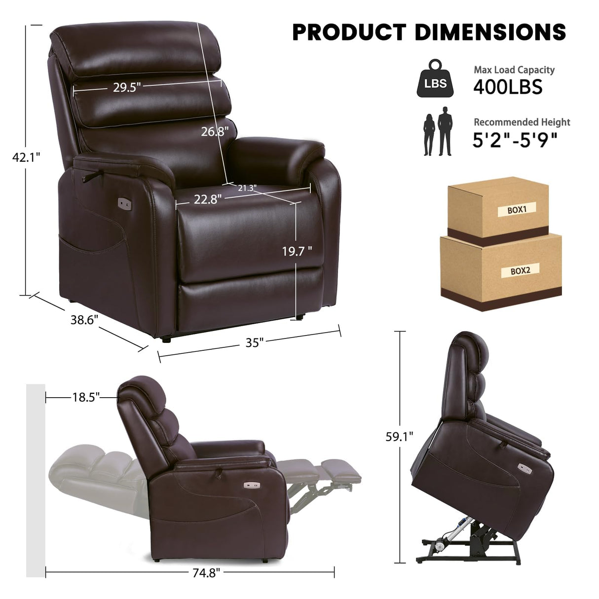EONIX Dual Motor Lay Flat Power Lift Recliner Chair for Elderly, Electric Leather Lift Chairs for Adults, 400lbs Heavy Duty Power Recliner Lift Sofa with Heat and Massage, Dark Brown EONIX