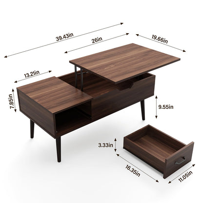 HAIOOU Lift Top Coffee Table, Mid Century Modern Coffee Tables with Drawer for Living Room, Open Storage Shelf, Walnut Cocktail Table TV Stand with Stable Pine Leg Anti-Scratching, Home, Office