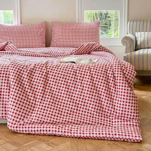 NSNLGSGC Red Gingham Grid Duvet Cover Set Twin, 100% Washed Cotton Plaid Comforter Cover Set,Ultra-Soft & Lightweight Cottage Bedding Set(2PCS, Twin) NSNLGSGC