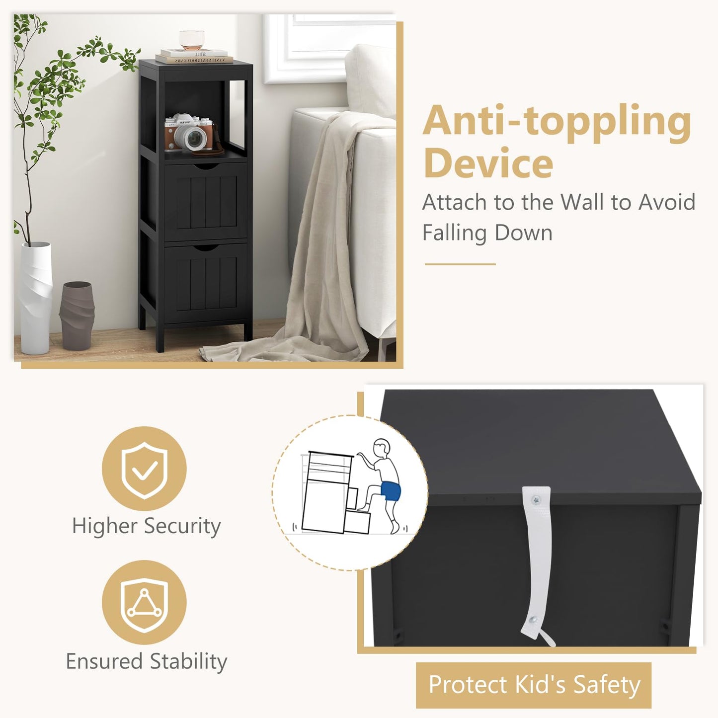 Tangkula Black Small Bathroom Storage Cabinet with 2 Removable Drawers - WoodArtSupply