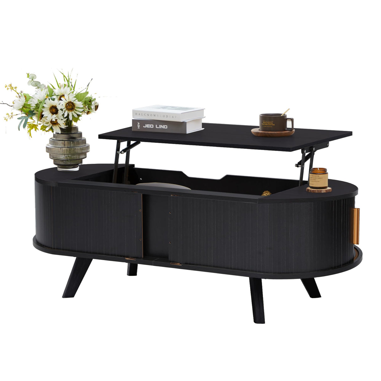 Janmer Home Small Lift Top Coffee Table with Sliding Tambour Door, 47.3" Mid Century Modern Curved Coffee Table with Storage, Oval Center Table with Lift Tabletop for Living Room (Doors, Black) Janmer Home