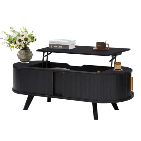 Janmer Home Small Lift Top Coffee Table with Sliding Tambour Door, 47.3" Mid Century Modern Curved Coffee Table with Storage, Oval Center Table with Lift Tabletop for Living Room (Doors, Black) Janmer Home