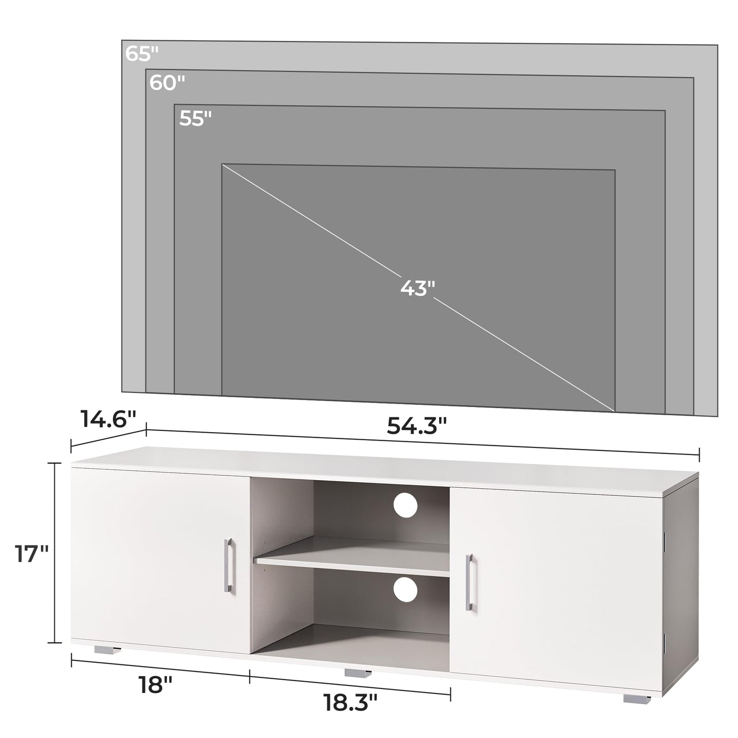 Huuger TV Stand for 55 Inch TV, Entertainment Center with LED Lights, 2 Cabinets, TV Console Media Cabinet with 6 Cable Holes, White TV Stand for Living Room, Bedroom