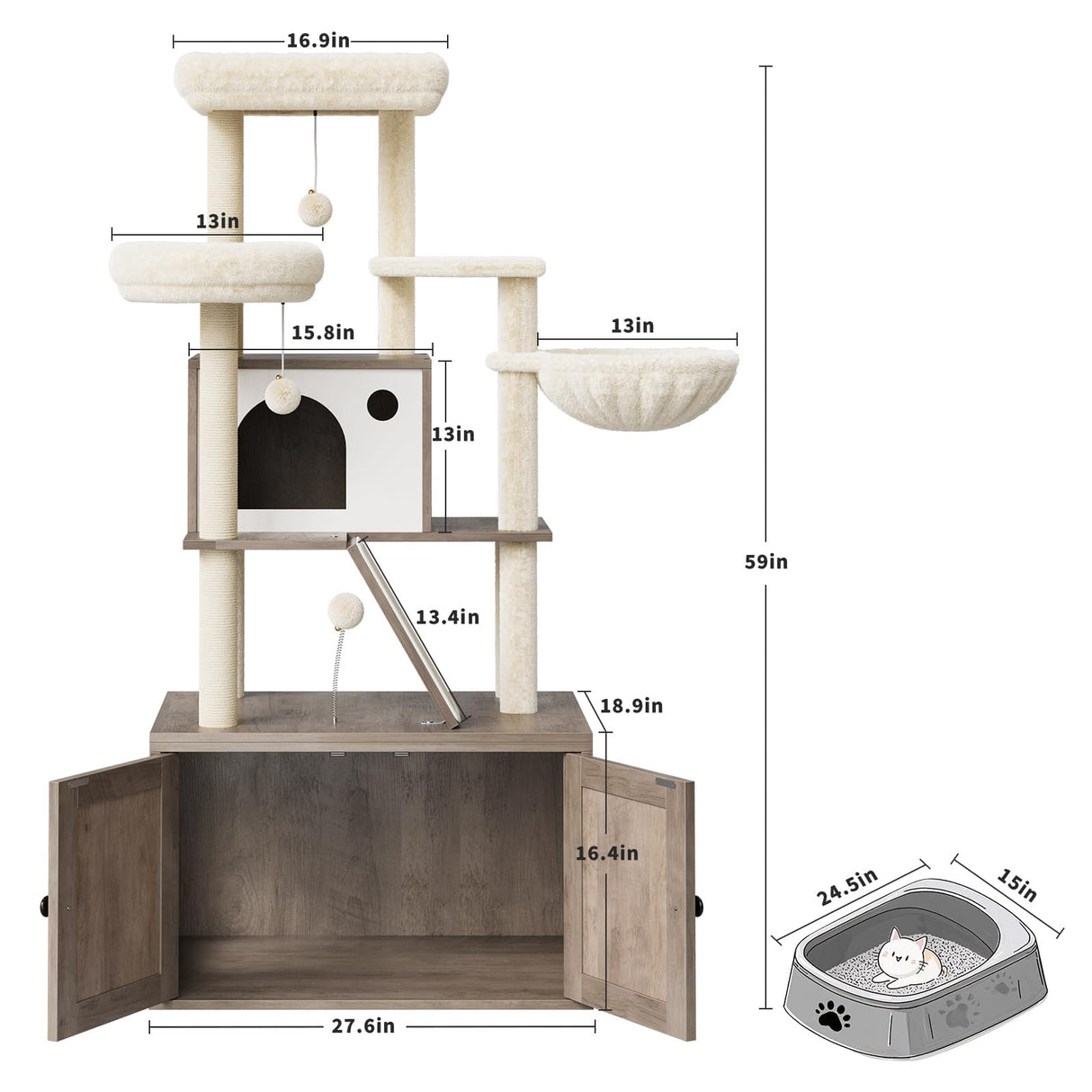 Cat Tree With Litter Box Enclosure Hidden Cat Washroom Furniture Multipurpose Litter Box Enclosure, Cat Tree and Condo With Large Platform, Cats House, Full Sisal Posts, Removable Washable Cushion PtioHavn