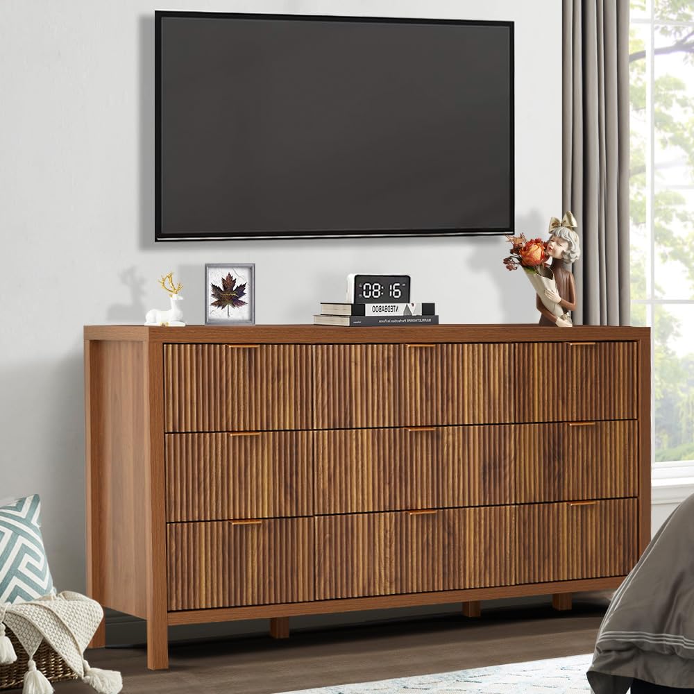affeivul Mid Century Modern Dresser TV Stand, 9 Drawer Dresser for Bedroom Wood, Farmhouse Boho Storage Cabinet Side Table with Solid Natural Wood Legs, Long Wooden Dresser for Closet (Walnut) affeivul