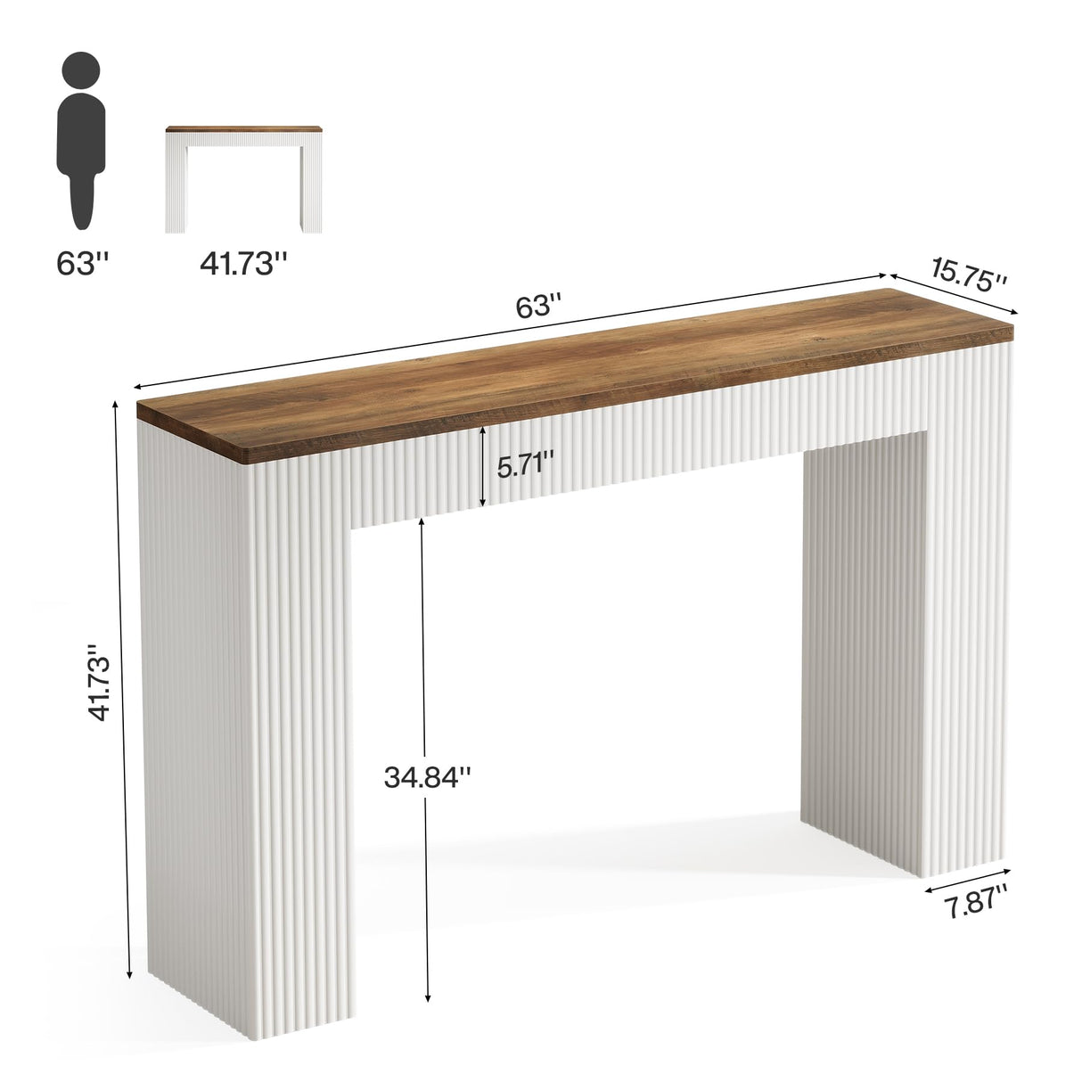 Tribesigns Bar Table, Narrow Bar Height Table with Long Wooden Tabletop, 63" Modern Tall Kitchen Bar Table with White Wave Legs for Pub, Dining Room, Balcony, Rustic Brown & White Tribesigns