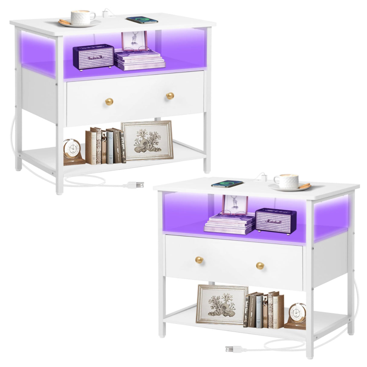Edbuosy 27 inch Wide Nightstand Set of 2 with LED,Side Table with One Wooden Drawer，Nightstand with Charging Station,End Table Bedside Table with USB Ports and Outlets,White with LED Edbuosy