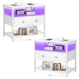 Edbuosy 27 inch Wide Nightstand Set of 2 with LED,Side Table with One Wooden Drawer，Nightstand with Charging Station,End Table Bedside Table with USB Ports and Outlets,White with LED Edbuosy