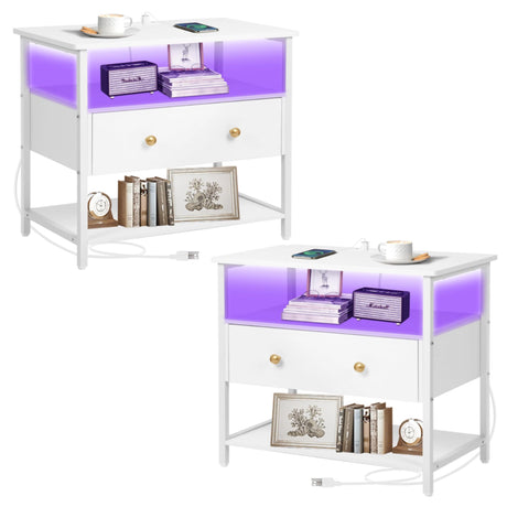 Edbuosy 27 inch Wide Nightstand Set of 2 with LED,Side Table with One Wooden Drawer，Nightstand with Charging Station,End Table Bedside Table with USB Ports and Outlets,White with LED Edbuosy