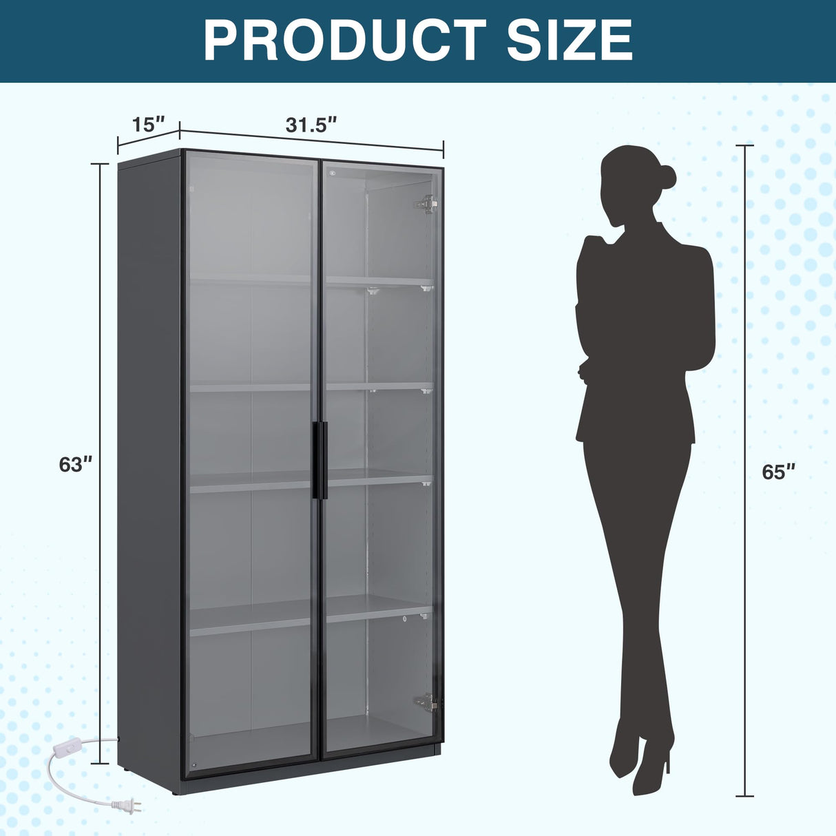 MIIIKO 63" Grey Glass Door Display Cabinet with 5 Shelves for Curios and Collectibles MIIIKO