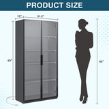 MIIIKO 63" Grey Glass Door Display Cabinet with 5 Shelves for Curios and Collectibles MIIIKO