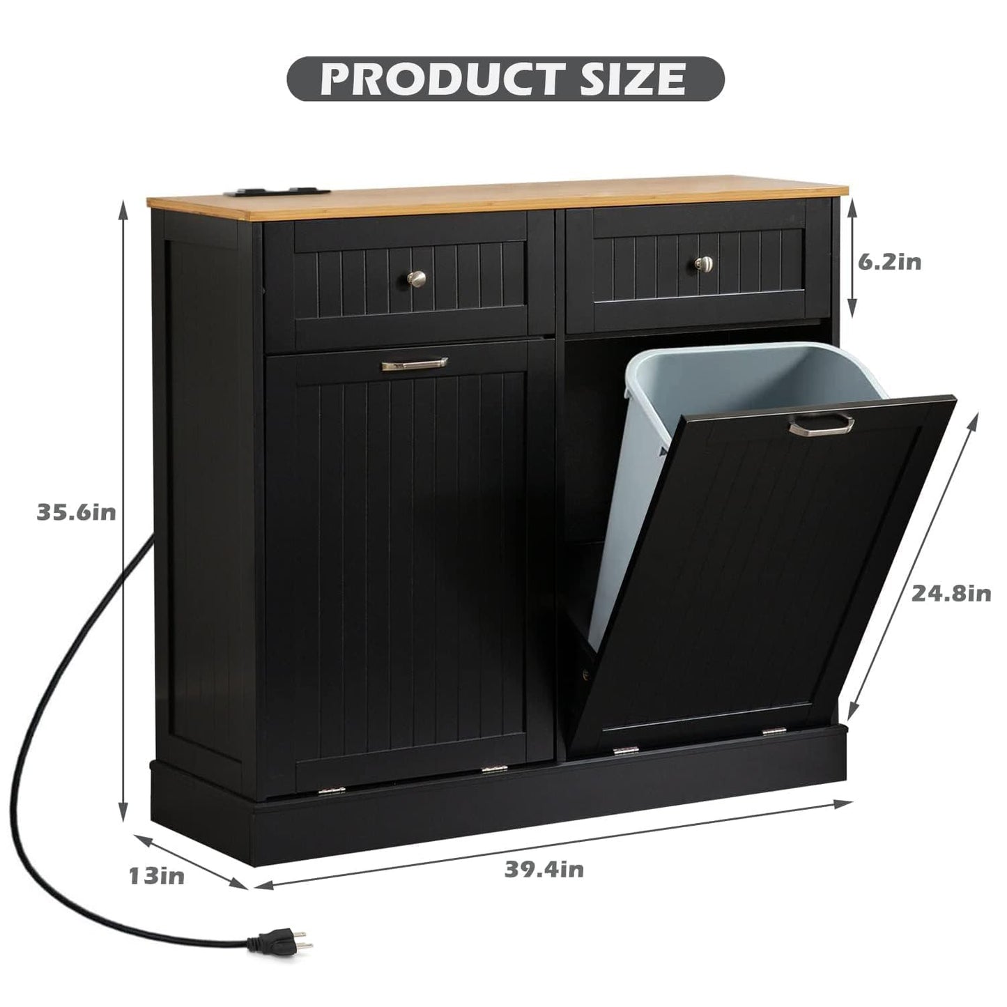 GAZHOME Double Tilt Out Trash Cabinet with Charging Station, Upgrade Wooden Free Standing Trash Cabinet with Outlet,Recycling Cabinet with Hideaway Drawer,20 Gallon Tilt Out Trash Cabinet(Bla - WoodArtSupply