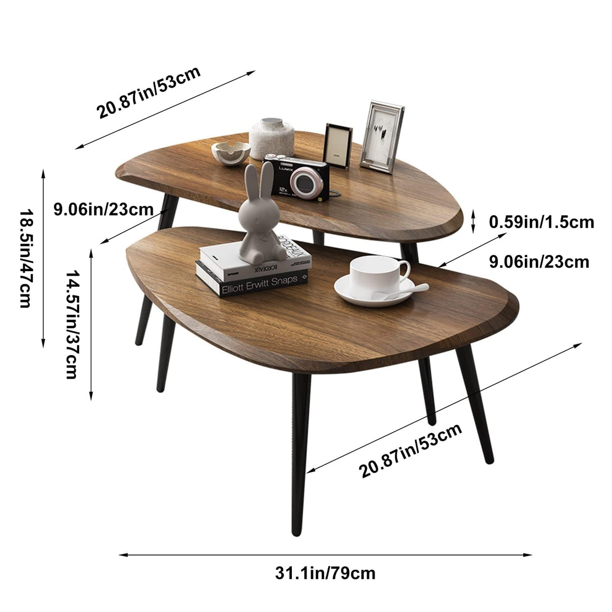 Midcentury Nesting Coffee Table Set of 2, Mid Century Modern Walnut Wood Oval Coffee Tables for Living Room, Compact Coffee Table and Side Table Set for Sofa Bedside Office Balcony or Small Spaces suruim
