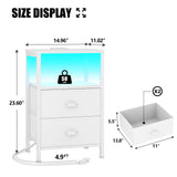 Furologee Nightstands Set of 2, End Tables Set of 2 with Charging Station and LED Lights, White Night Stands with 2 Fabric Drawers, Bedside Tables for Living Room/Bedroom Furologee