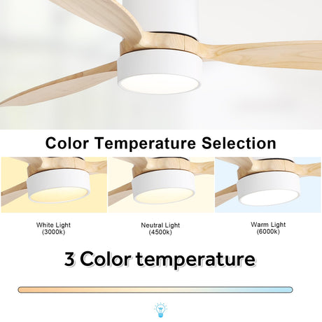 Sofucor 52 Inch Low Profile Ceiling Fan with Lights Remote Control Wood Blades Reversible DC Motor Modern Ceiling Fan for Kitchen, Bedroom, Basement, Dining, Living Room(white+wood color) Sofucor