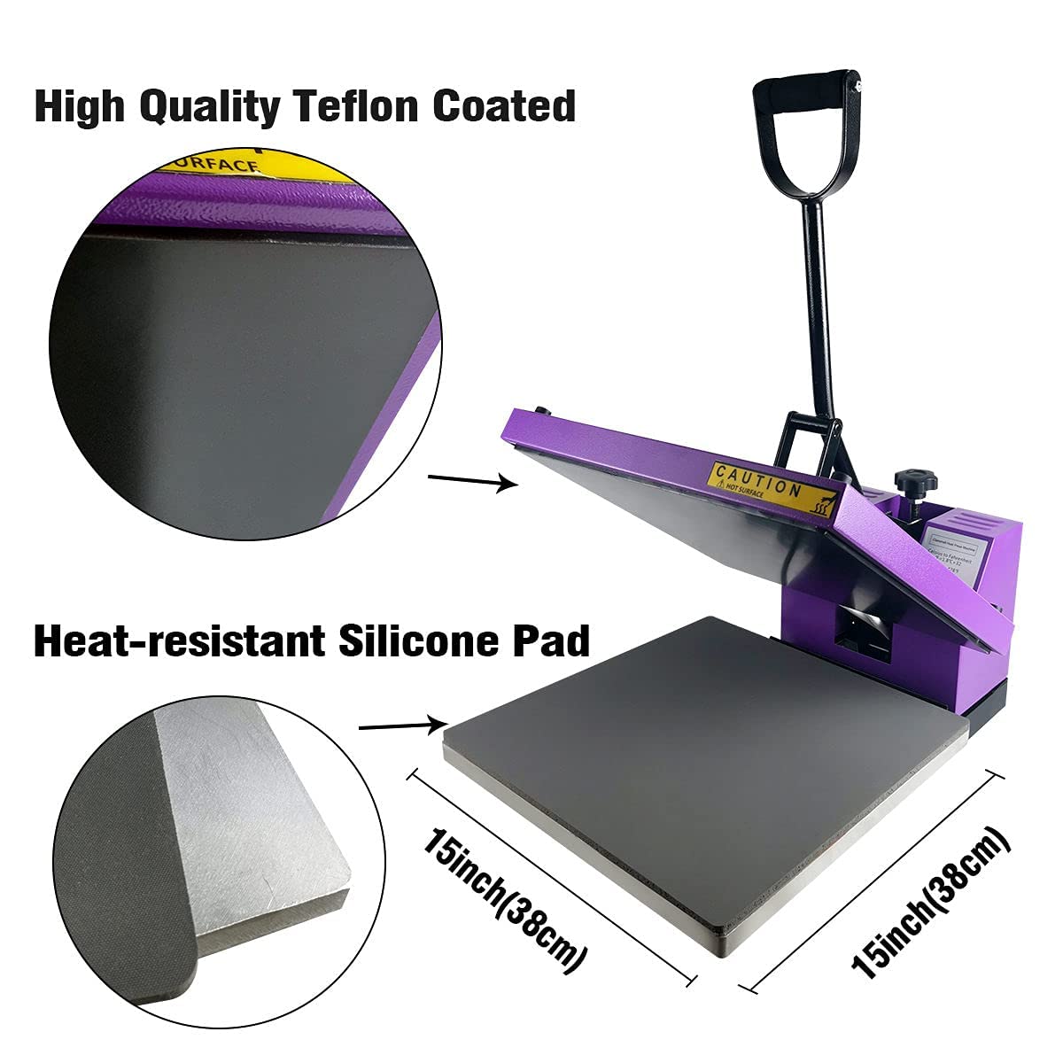BetterSub 15‘’x15‘’ Industrial Heat Press Machine for T-Shirts, Sublimation, Transfers – Digital LCD Control, Teflon Surface, Clamshell Design, Safe & Durable - Purple BetterSub