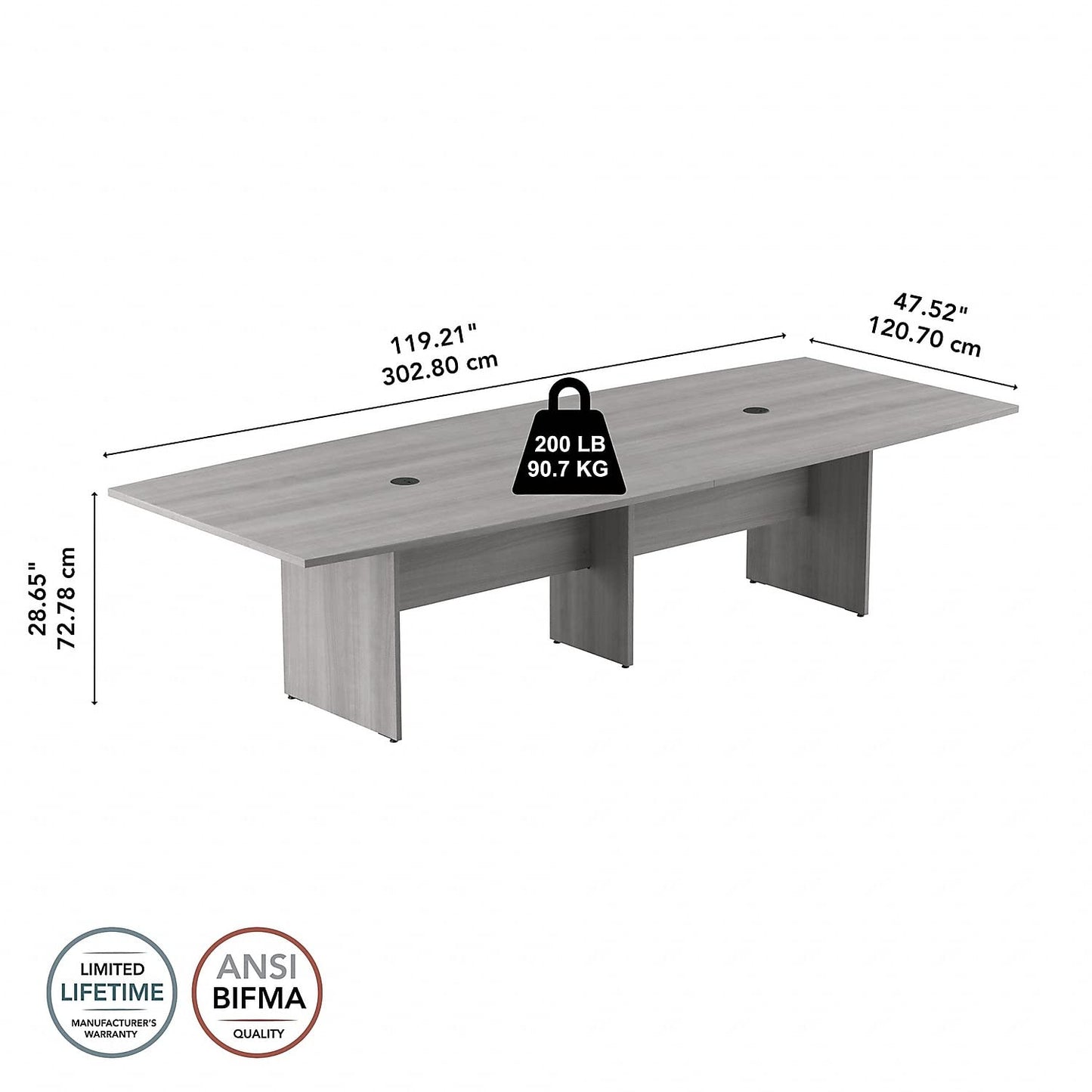 Bush Business Furniture 120W x 48D Boat Shaped Conference Table with Wood Base in Platinum Gray - WoodArtSupply