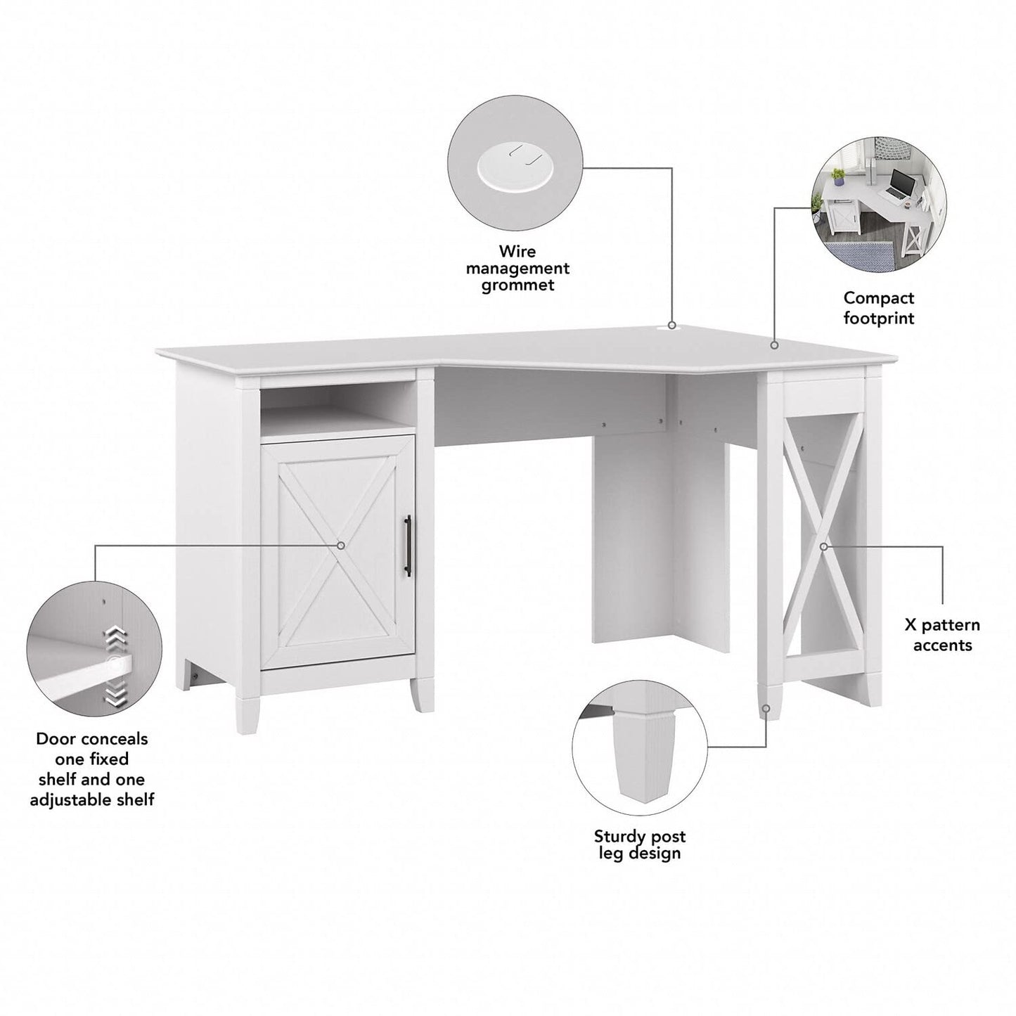 Bush Furniture Corner Computer Small Space, Office and Bedroom | Key West Collection L Desk with Storage and Aged Bronze Hardware, 54W, Pure White Oak