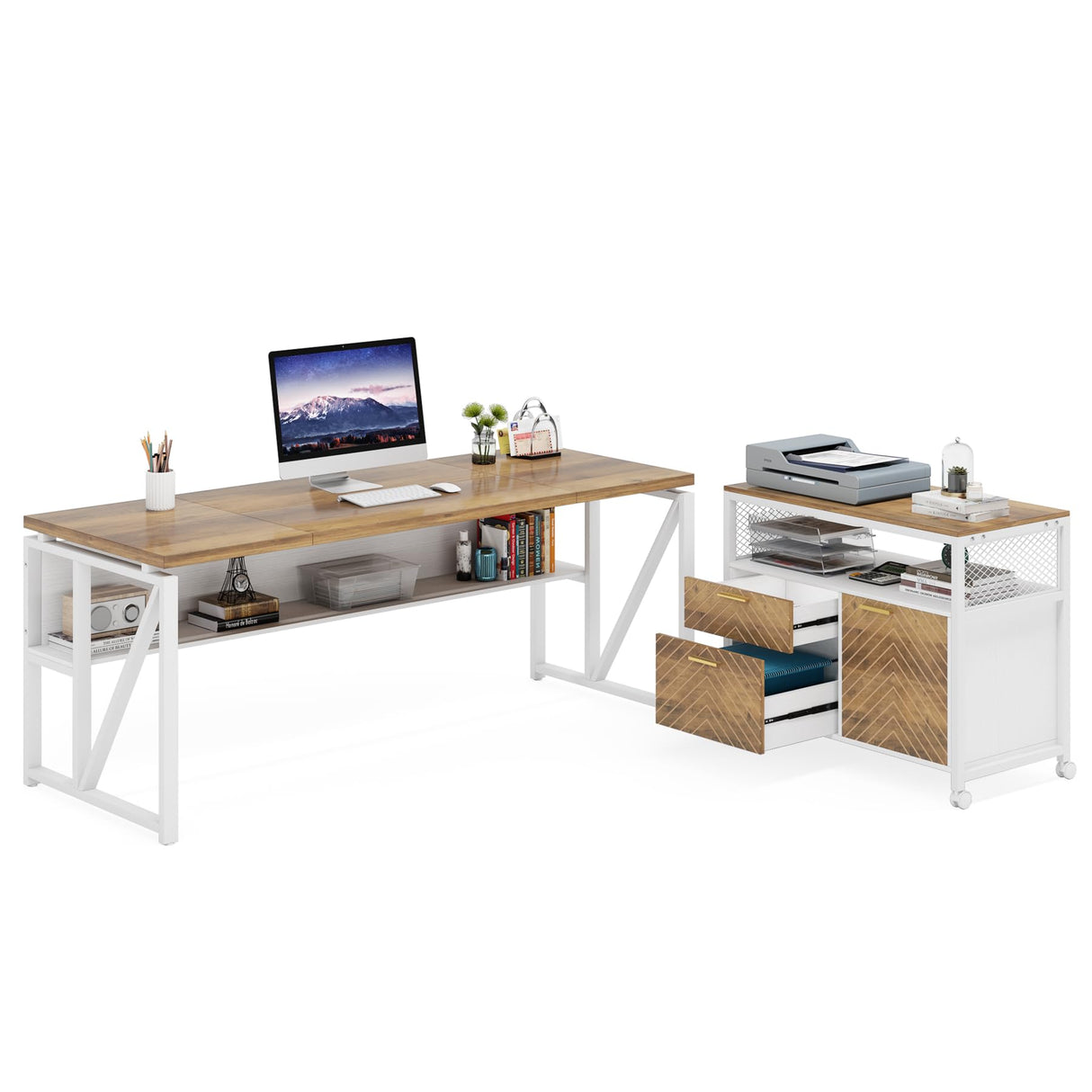 LITTLE TREE 63" L-Shaped Executive Desk & 32" Mobile Filing Cabinet Set in Walnut LITTLE TREE