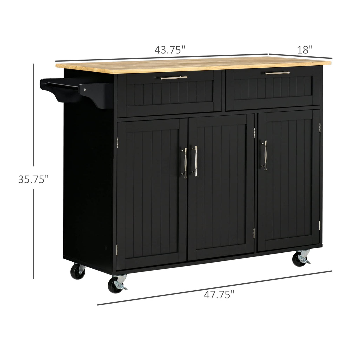 HOMCOM Mobile Kitchen Island with Storage, Kitchen Cart with Wood Top, Storage Drawers, 3-door Cabinets, Adjustable Shelves and Towel Rack, Black HOMCOM