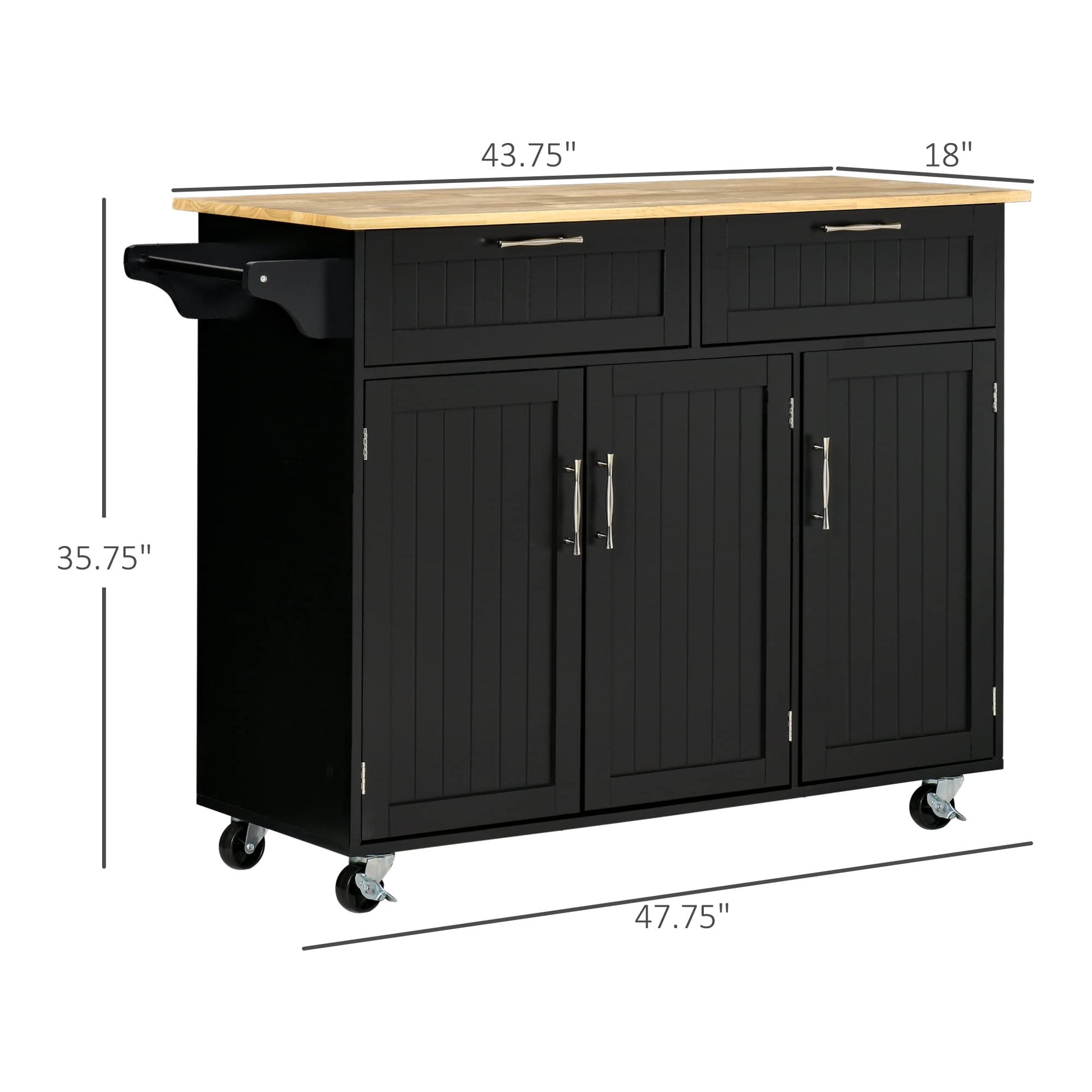 HOMCOM Mobile Kitchen Island with Storage, Kitchen Cart with Wood Top, Storage Drawers, 3-door Cabinets, Adjustable Shelves and Towel Rack, Black - WoodArtSupply