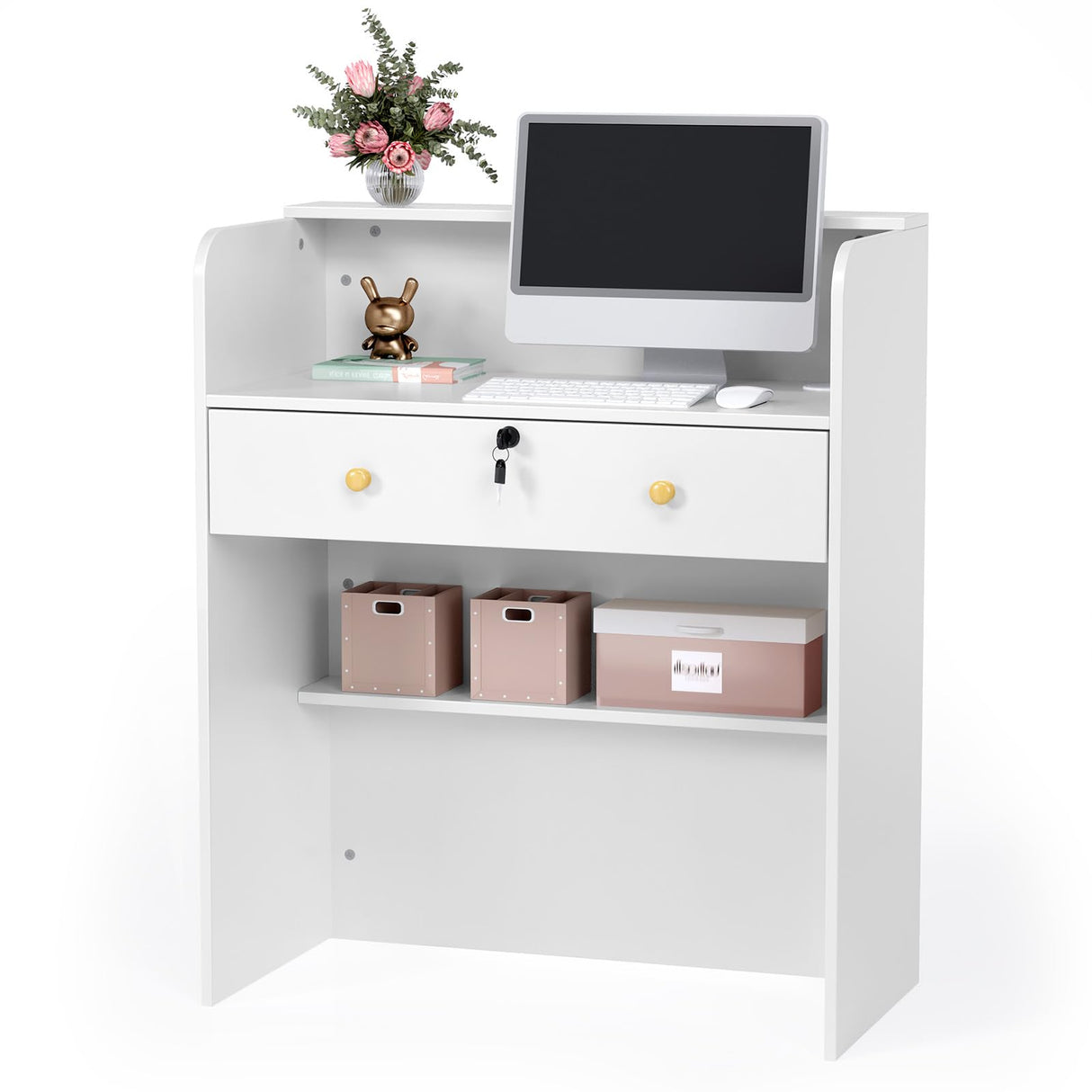 OmySalon Reception Desk with Counter, Small Front Desk w/Lockable Drawer, Wooden Modern Reception Table for Salon Lobby Office Home (White, 32) OmySalon