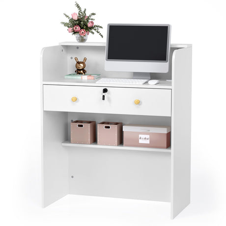 OmySalon Reception Desk with Counter, Small Front Desk w/Lockable Drawer, Wooden Modern Reception Table for Salon Lobby Office Home (White, 32) OmySalon