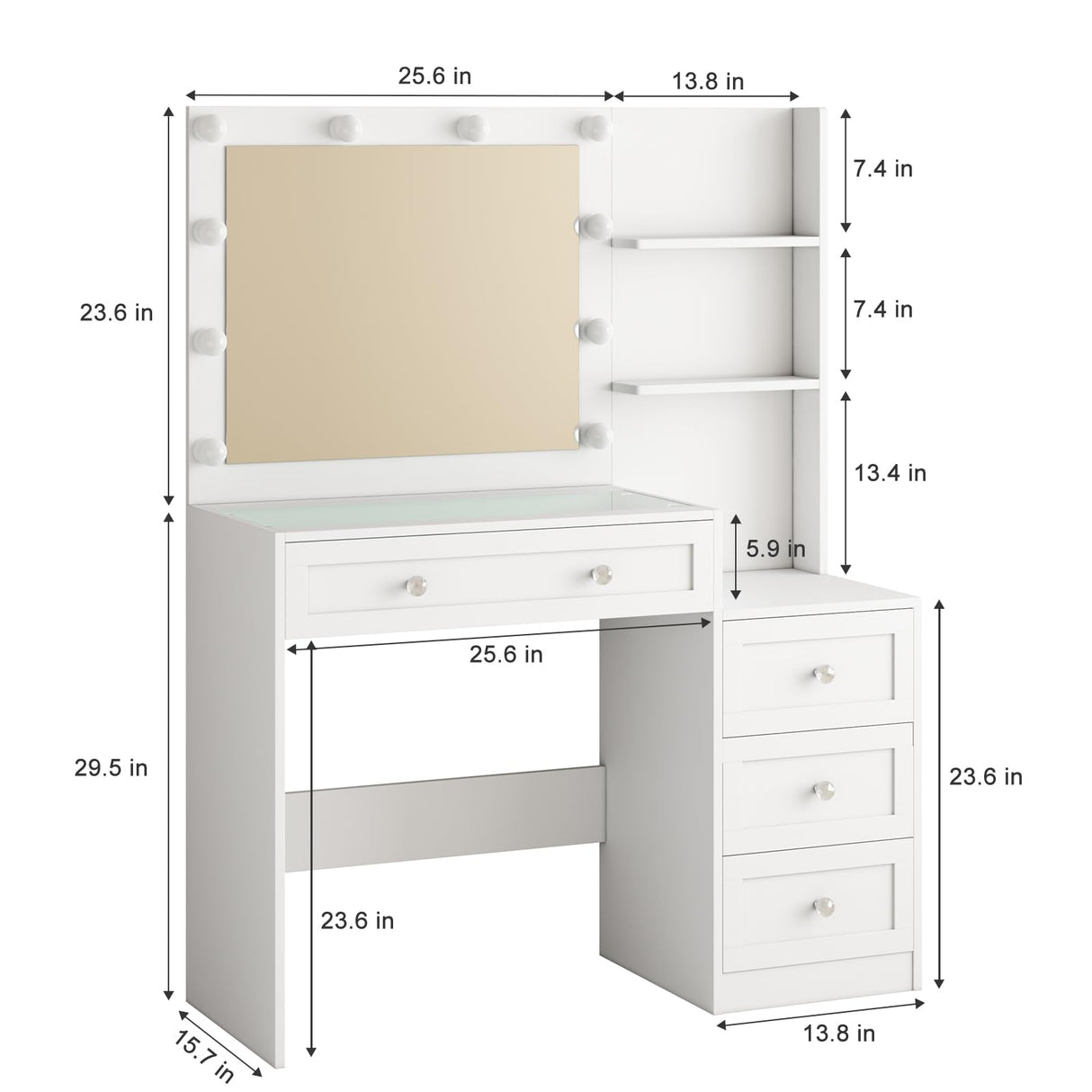 YaoYaoJia Vanity Desk with Mirror and Lights, 39.4" White Makeup Vanity with Glass Top,Dressing Table with 4 Drawers,Charging Station, 3 Lighting Modes for Women Bedroom YaoYaoJia
