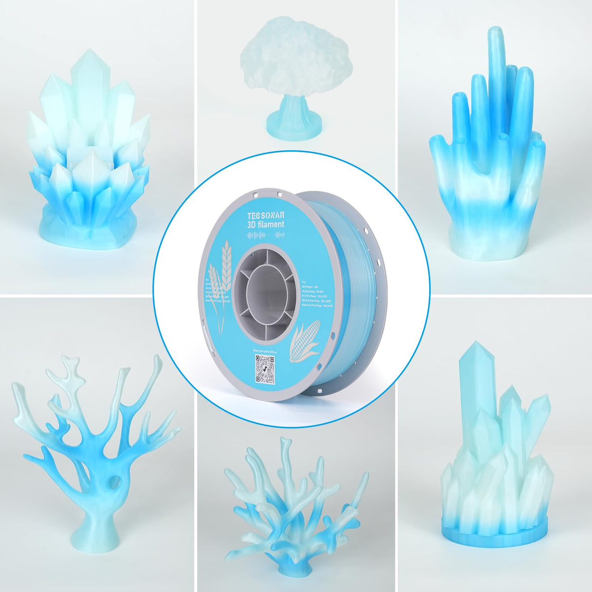 TECSONAR TECSONAR Crystal Rainbow PLA 3D Printer Filament, 1KG Spool(2.2lbs) 1.75mm PLA Fast Color Change 3D Printing Material,Gradient Filament for Most FDM 3D Printers,White Blue TECSONAR