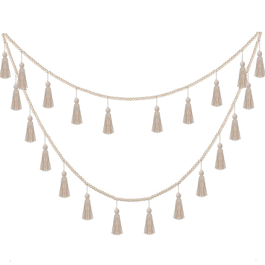 Janinka Christmas Bead Tassel Garland 9.8ft Wooden Boho Beads Garland Neutral Christmas Decor Wall Hangings Rustic Farmhouse Home Decor for Christmas Tree Decorative Supplies(Classic Color)