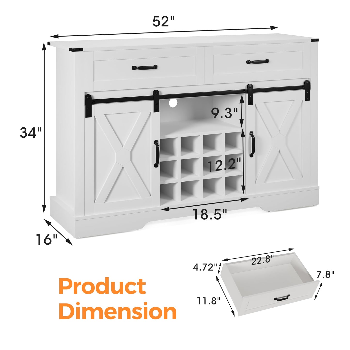 HEYNEMO 52" Farmhouse Buffet Storage Cabinet, Coffee Bar Cabinet with Wine Racks, Kitchen Pantry Cabinet with Drawers and Sliding Barn Doors, Sideboard Cabinet for Dining Room, White - WoodArtSupply