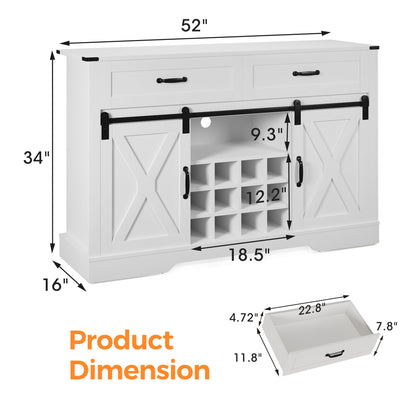 HEYNEMO 52" Farmhouse Buffet Storage Cabinet, Coffee Bar Cabinet with Wine Racks, Kitchen Pantry Cabinet with Drawers and Sliding Barn Doors, Sideboard Cabinet for Dining Room, White - WoodArtSupply