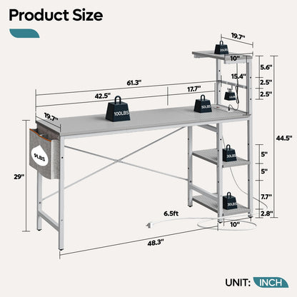 Bestier Gaming Desk with Power Outlets, 61 Inch Large Led Gamer Desk with 4 Tiers Reversible Shelves, PC Gaming Table with Headset Hook & Side Storage Bag for Bedroom (Grey 3D Carbon Fiber) - WoodArtSupply