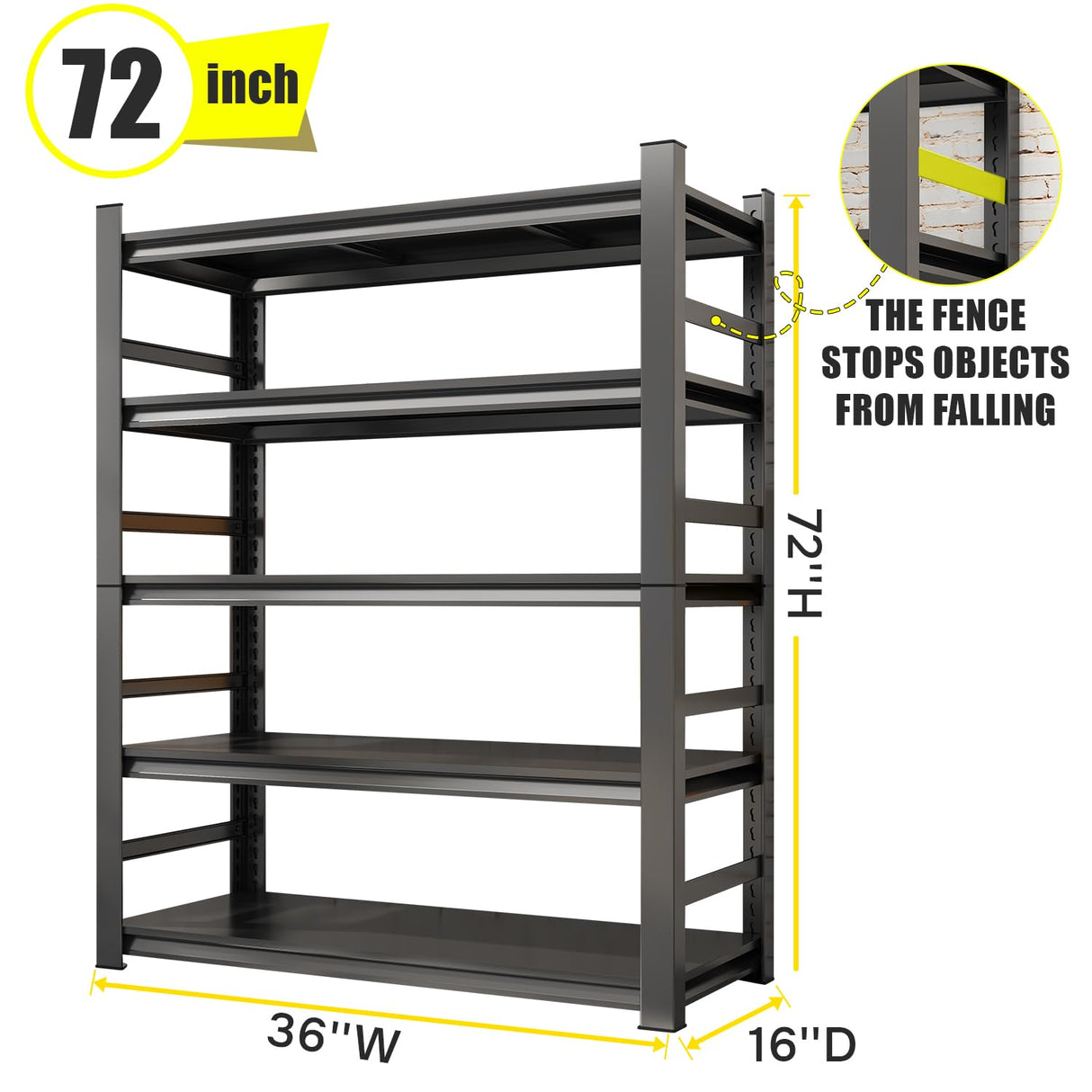 72''H Garage Storage Shelves Heavy Duty Garage Shelving Units, 3000 LBS Steel Industrial Shelving, Adjustable 5-Tier Metal Utility Shelf Organizer for Warehouse, Basement, Black (72''Hx36''Wx16''D) ErgoNova