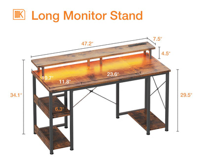 ODK 48 inch Gaming Desk with LED Lights & Power Outlets, Computer Desk with Monitor Stand & Storage Sheves, CPU Stand, Home Office Desk, Vintage - WoodArtSupply