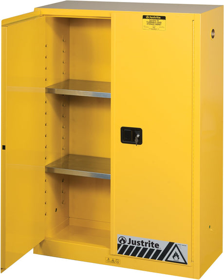 Justrite 45 Gallon Manual Close Flammable Storage Cabinet, 18 Gauge Steel, 2 Shelves, 2 Door Fire Cabinet, 65" x 43" x 18", Made in The USA, Yellow, 894500 Justrite