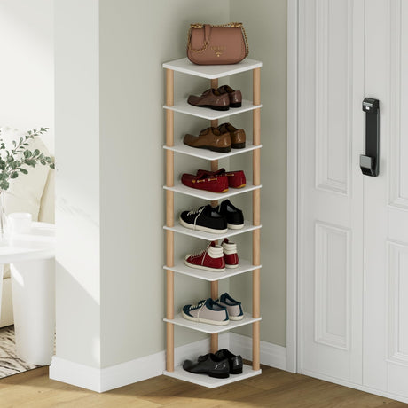 NUTMAK 8-Tier Tall Shoe Rack, Narrow Wooden Shoe Organizer for Entryway, Closet, Dorm, Small Spaces, Freestanding Vertical Shoe Shelf for Sneakers, Boots & Heels NUTMAK