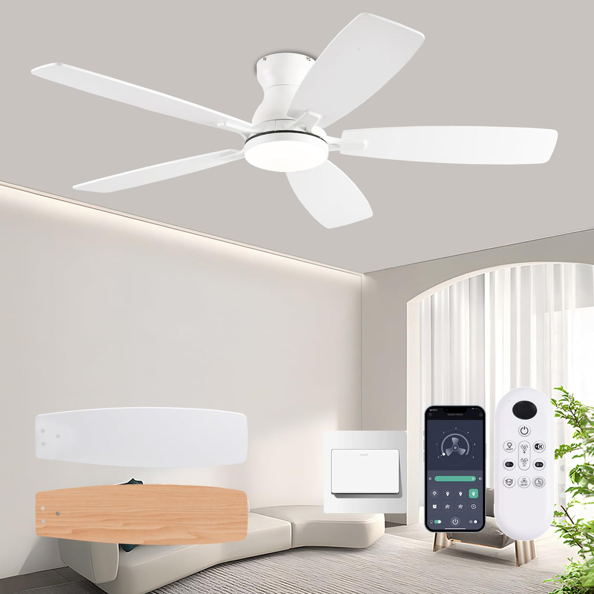 NKPU 52inch Ceiling Fans with Lights, Low Profile Ceiling Fan with Light and Remote Control/APP Control, DC Reversible Motor, Noiseless, Flush Mount White Ceiling Fan for Bedroom, Indoor/Outdoor Use NKPU