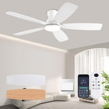 NKPU 52inch Ceiling Fans with Lights, Low Profile Ceiling Fan with Light and Remote Control/APP Control, DC Reversible Motor, Noiseless, Flush Mount White Ceiling Fan for Bedroom, Indoor/Outdoor Use NKPU