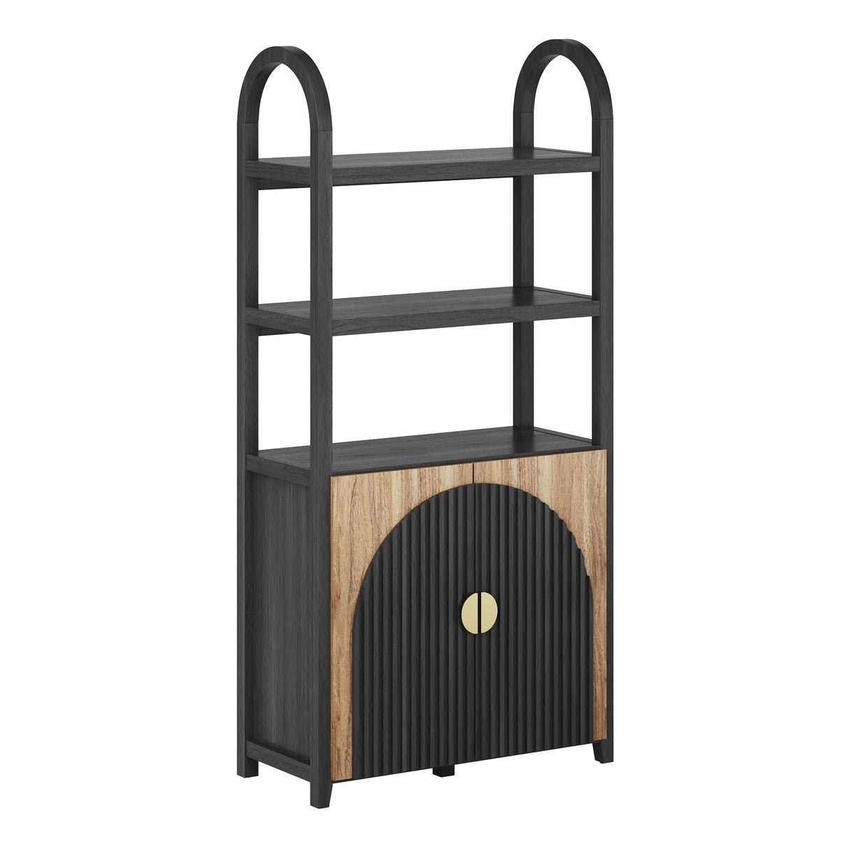 BELLEZE Book Shelf 72" Tall Arched Bookcase with Storage, 5 Tier Mid Century Modern Fluted Bookshelf with Doors, Modular Bookshelves for Living Room Office Library (Camel) BELLEZE